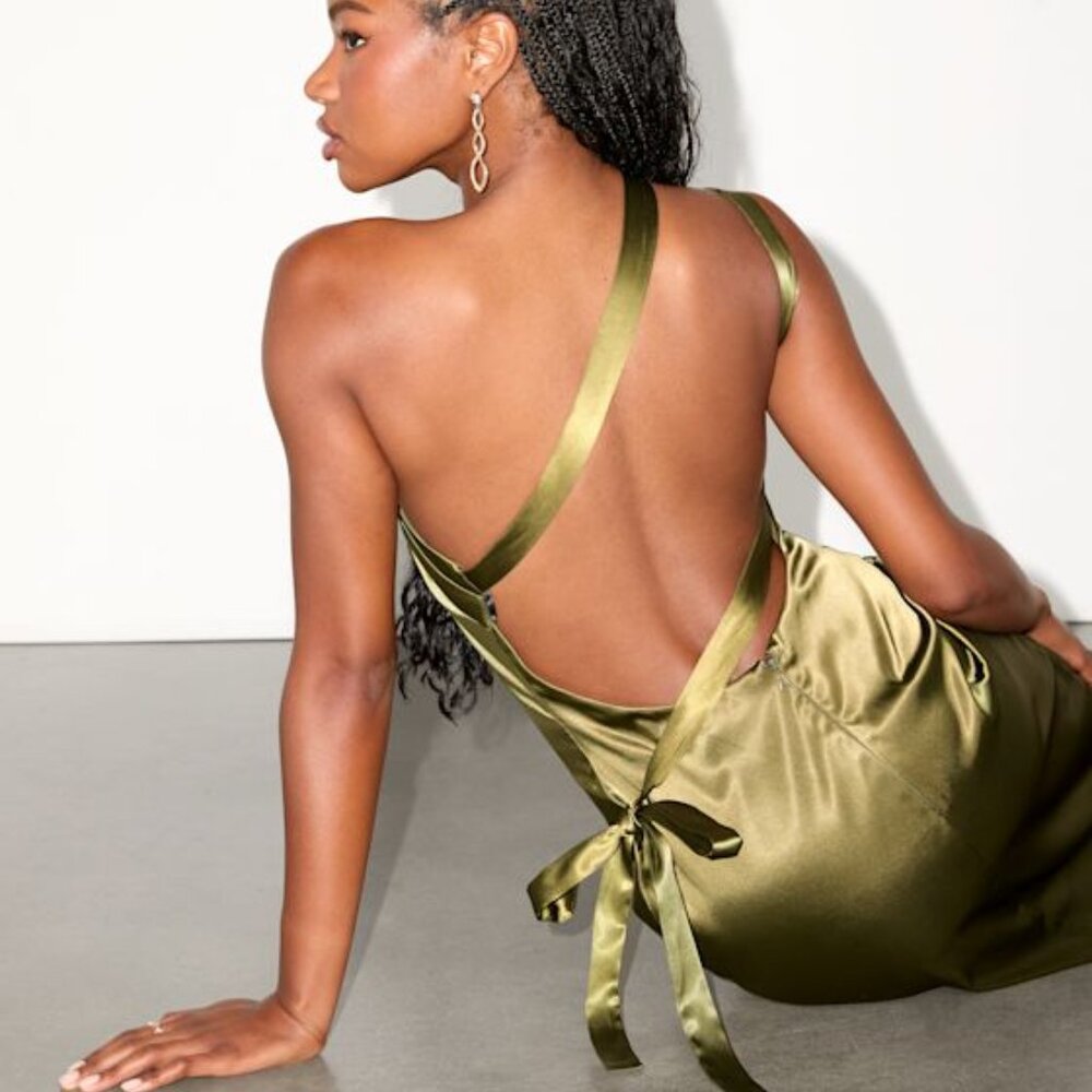 Lulus Yvonne Olive Green Satin One-shoulder Midi Dress - Size XS